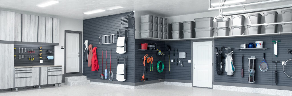 Garage slatwall and storage cabinets