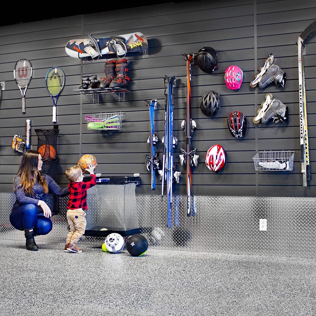 Garage slatwall organizer with sports gear