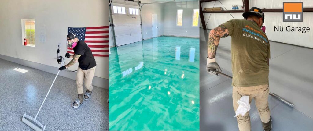 Installer applying metallic epoxy next to a finished teal metallic floor
