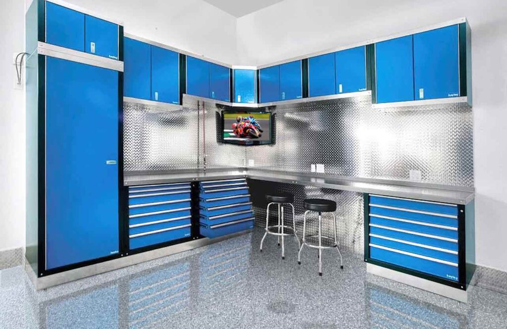Blue garage storage cabinets with workbench